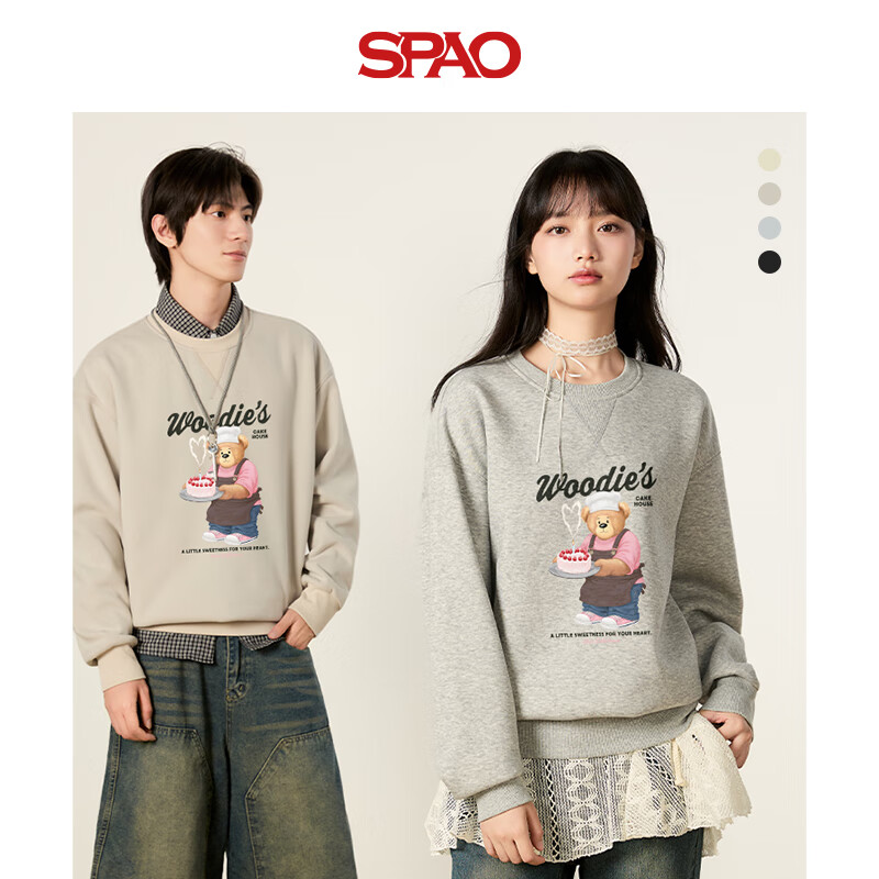 SPAO韩国同款冬季男女小熊潮牌美式运动百搭加厚保暖卫衣SPWY25SY13LD 灰#SP蛋糕小熊黑 M