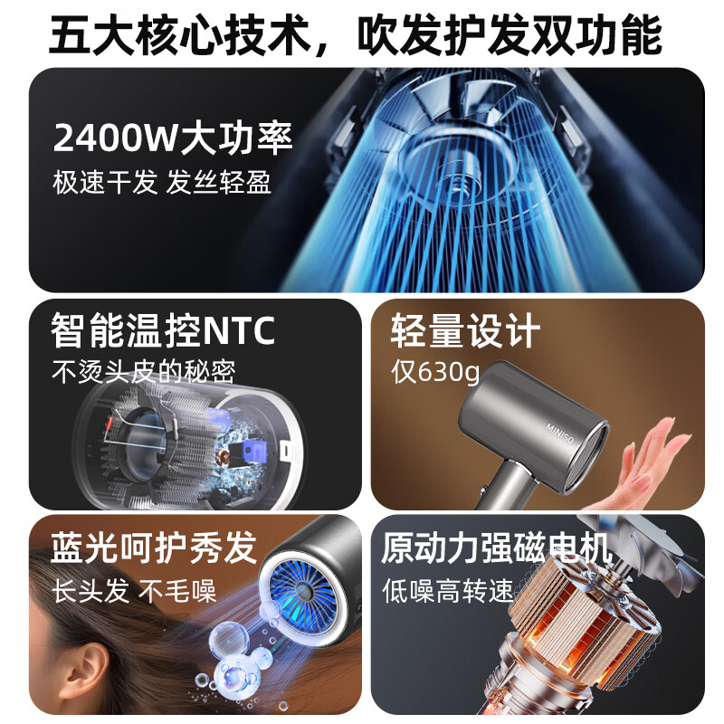 名创优品(MINISO)高速吹风机家用负离子护发静音大功率大风强力速干电吹风筒吹风机学生党礼物 旗舰款【星空灰】 1200W+蓝光护发