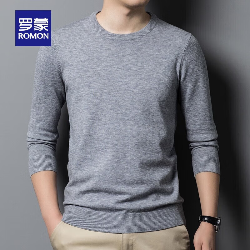 罗蒙男士圆领针织衫秋冬新款简约保暖时尚休闲毛衣打底衫 灰色 3XL 190