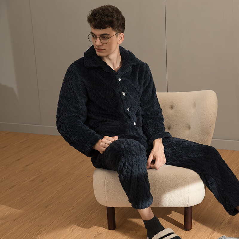 芬腾男士睡衣珊瑚绒家居服套装秋冬保暖 M98241403-宝兰 XL