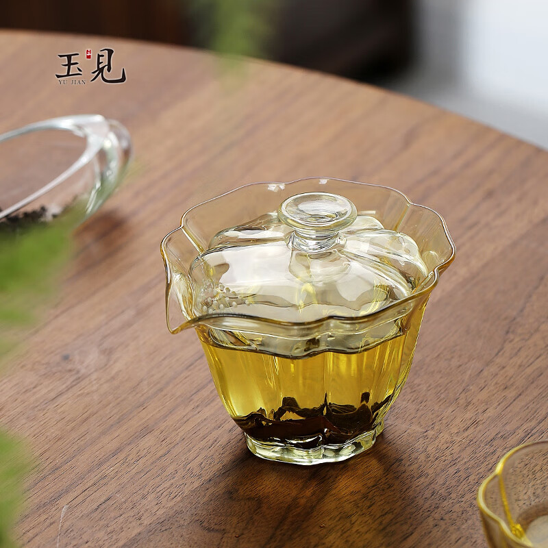 玉见百财玻璃盖碗耐热高端家用办公功夫茶具三才手工盖碗泡茶碗