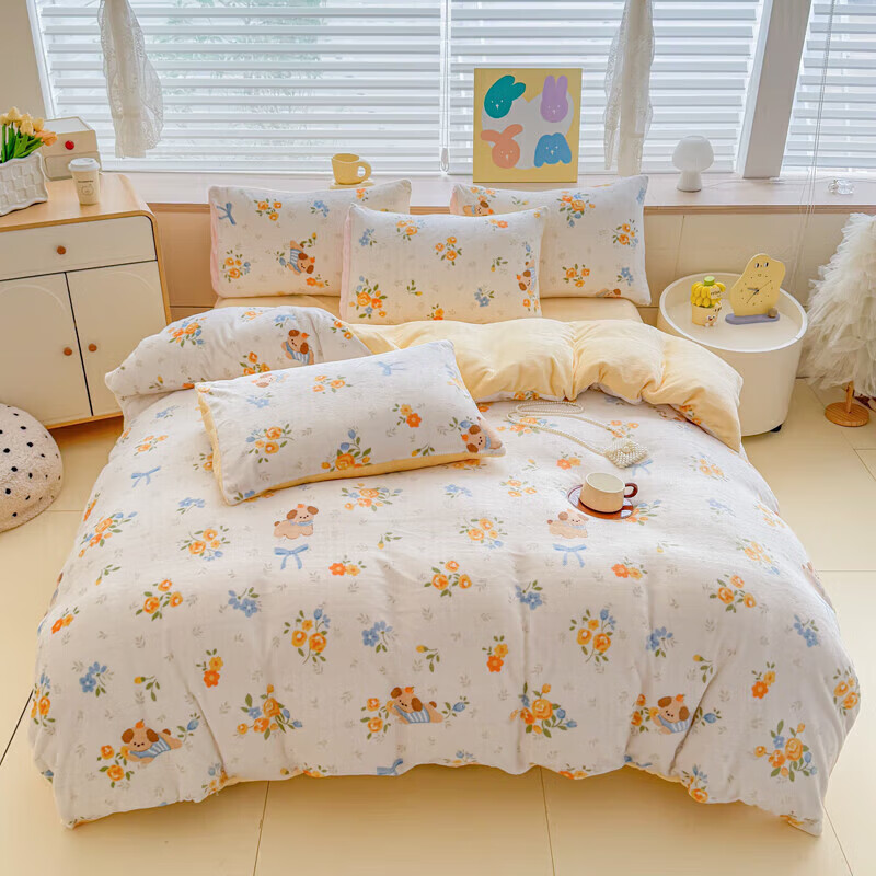 软贝小清新牛奶绒床上四件套保暖毛绒床单被套学生宿舍秋冬款三件套 布布萌宠 床单款 2.0m  被套200*230cm 四件套