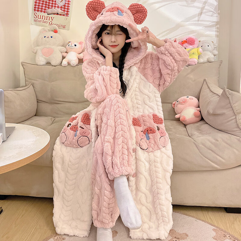 俞兆林珊瑚绒睡袍女睡衣秋冬季保暖裤子可爱粉猪甜美少女家居服两件套装