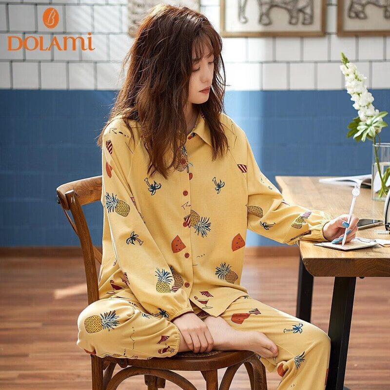 多拉美（DOLAMI）睡衣女長(zhǎng)袖純棉春秋款韓版可愛卡通翻領(lǐng)家居服開衫套裝全棉 黃色（薄款純棉） M （160）適合體重80-100斤