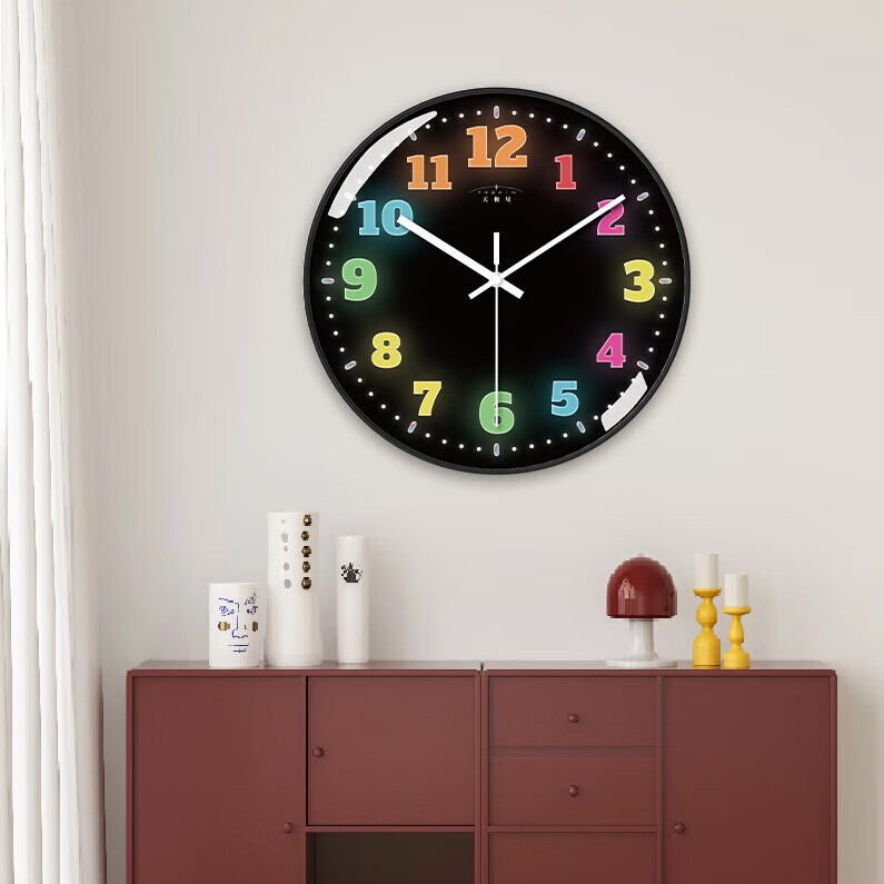 Tazxin儿童卡通霓虹数字挂钟静音创意时尚客厅家用卧室免打孔挂墙石英钟 七彩数字3 14英寸