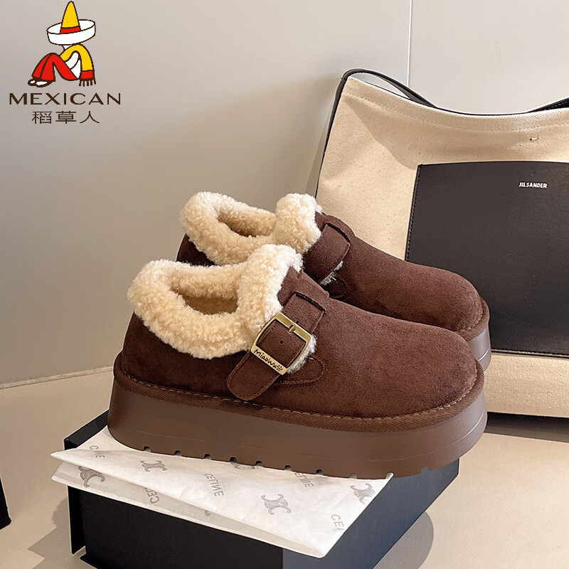 稻草人（MEXICAN）厚底增高加绒保暖全包勃肯鞋女2026新款冬季爆款雪地靴棉鞋乐福鞋 咖啡色 40