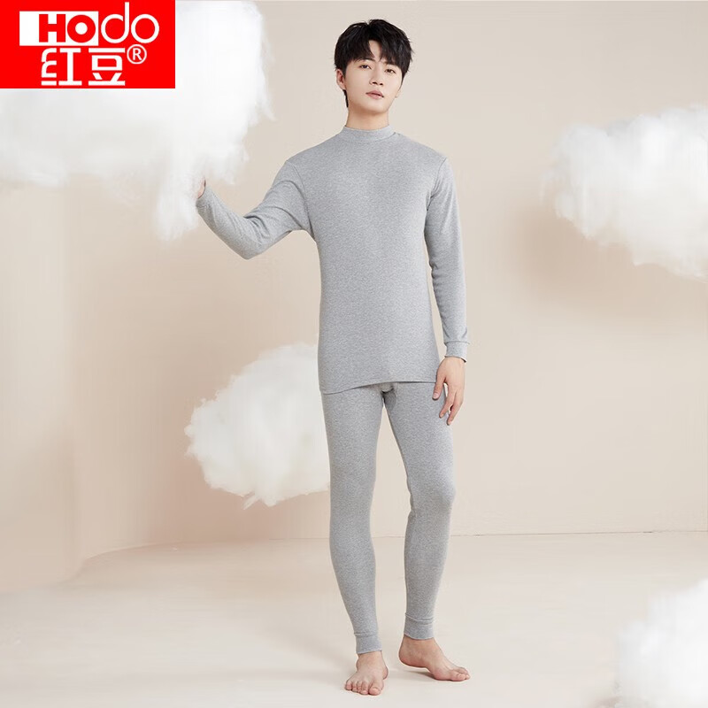 红豆（Hodo）内衣秋衣秋裤纯棉新品薄款套装中半高领基础打底保暖内衣 男款麻灰 L 170/95