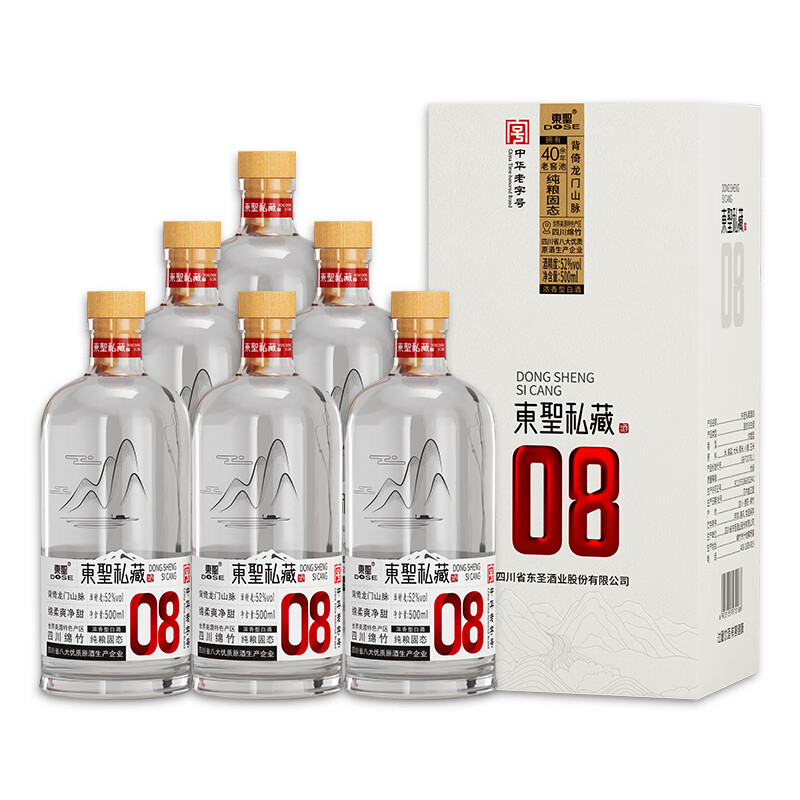 東聖私藏08酒 52度500ml浓香型白酒四川产固态纯粮酿造粮食酒大曲酒 52%vol 500mL 6瓶 整箱