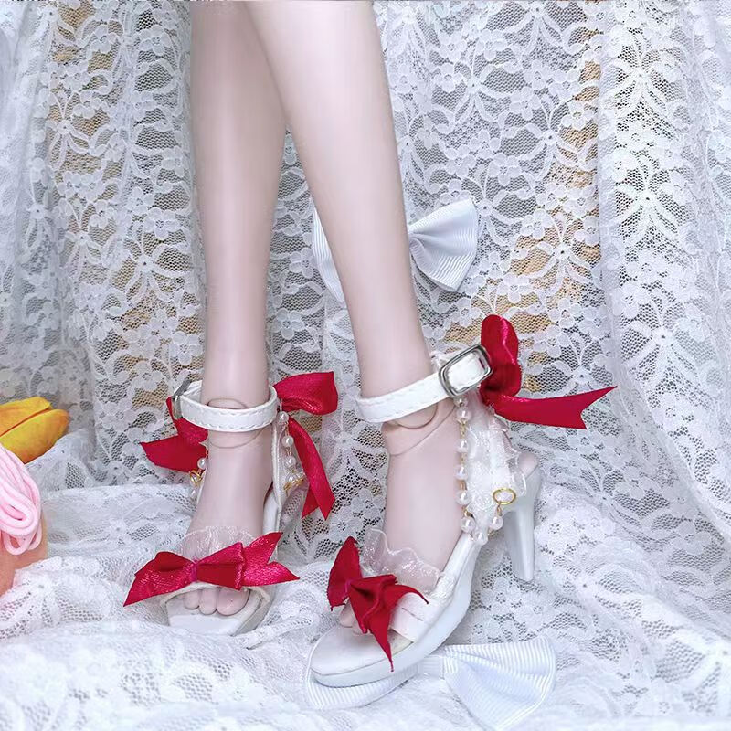 冰公主高跟水晶老爹鞋cm 红色珍珠链凉鞋 60厘米娃娃鞋子