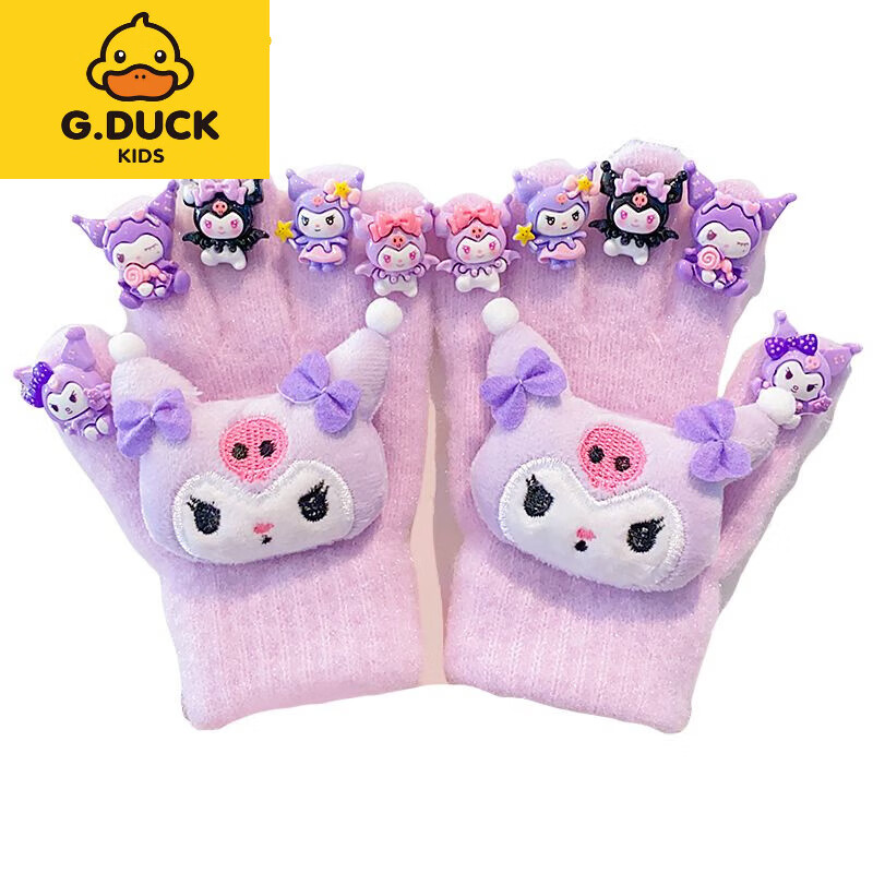 G.duck小黄鸭儿童卡通库洛米手套冬季保暖防冻男女童卡通DIY宝宝加厚五 萌紫库洛米