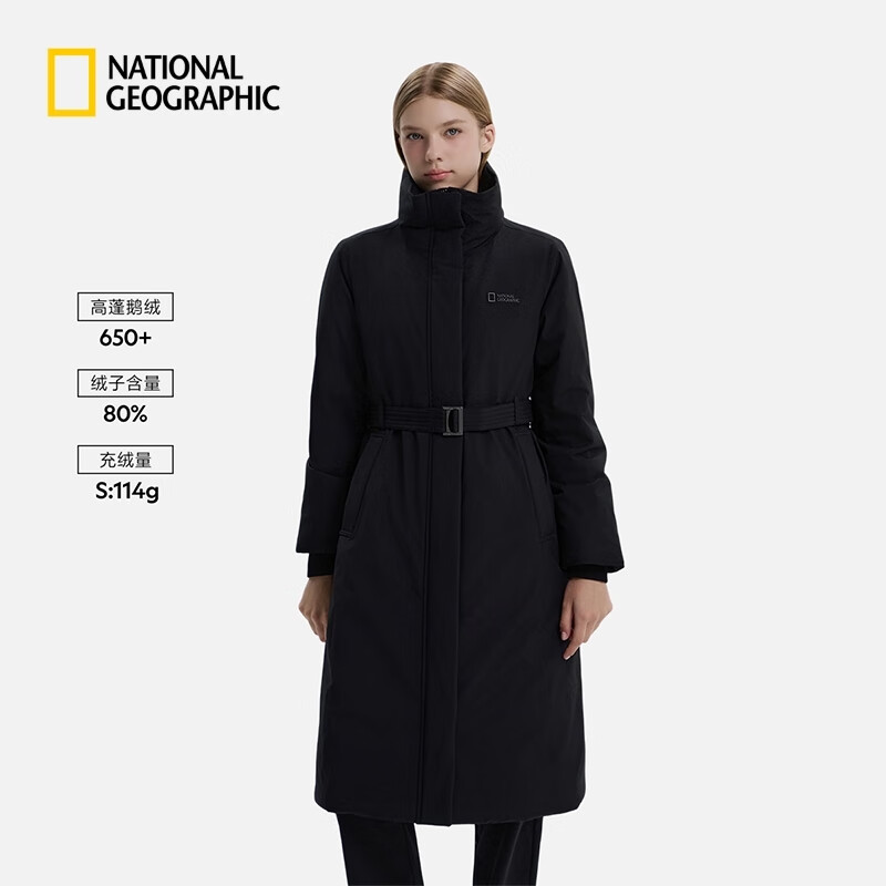 国家地理（National Geographic）2025年冬新品URBAN女款鹅绒立领长款羽绒服 黑色BLACK S