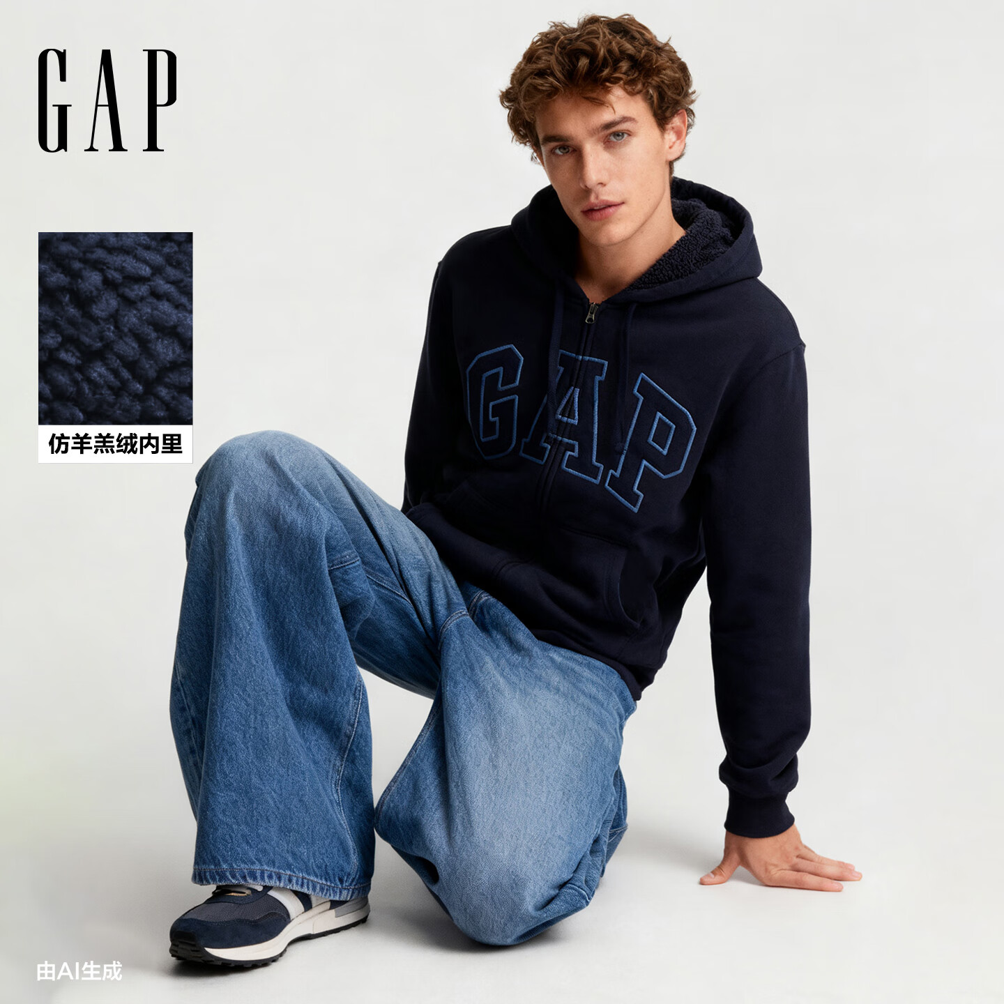 GAP男女装2025秋季新款LOGO仿羊羔绒宽松连帽衫卫衣美版789781 海军蓝 M 美码  L亚洲码180/96A