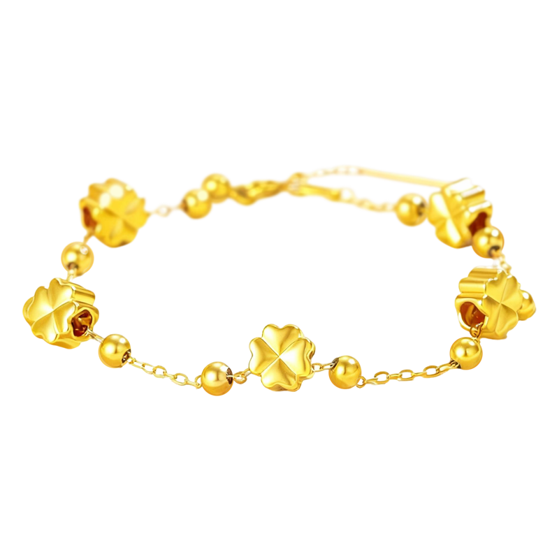 老鳳祥四葉草黃金手鏈女足金五花轉(zhuǎn)運珠手飾情人節(jié)生日禮物女送女友老婆 京速達/輕版-足金五花四葉草（贈純銀珠鏈）*禮盒