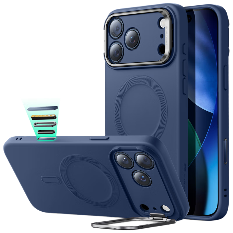 億色(ESR)支點(diǎn)殼適用iPhone17promax手機殼蘋(píng)果17promax保護套磁吸殼按鍵鏡頭全包隱形支架防摔液態(tài)硅膠藍