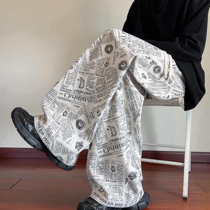 亦贵满印报纸灯芯绒裤子男秋季重磅宽松直筒休闲长裤潮牌美式运动卫裤