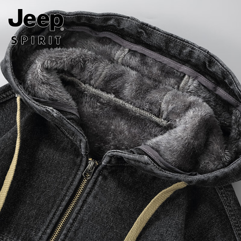 JEEP SPIRIT轻奢连帽加绒牛仔外套男秋冬宽松大码中长款加厚拉链休闲棉衣夹克 深灰色 X8243牛仔外套 加绒 2XL 170-185斤