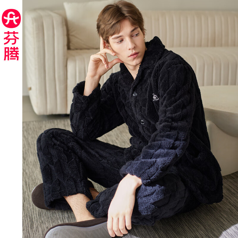 芬腾珊瑚绒睡衣男女士秋冬季套装保暖法兰绒加绒加厚休闲家居服冬天 FJ26940691深灰 【单男款】 XL 建议:女124-142,男146-165斤