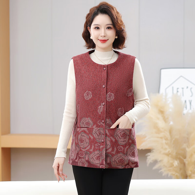 榄舍大码妈妈圆领马甲女秋装加厚款坎肩外套中老年胖太太加肥保暖马夹 红色 7XL (建议210-235斤)