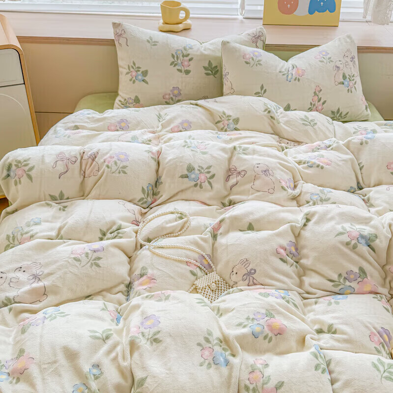 软贝小清新牛奶绒床上四件套保暖毛绒床单被套学生宿舍秋冬款三件套 绿意盎然 床单款 2.0m  被套200*230cm 四件套