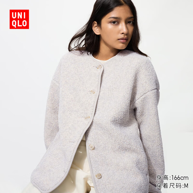 优衣库女装男装仿羊羔绒摇粒绒休闲开衫长袖宽松外套冬新款479616 02 浅灰色 M /160/84A