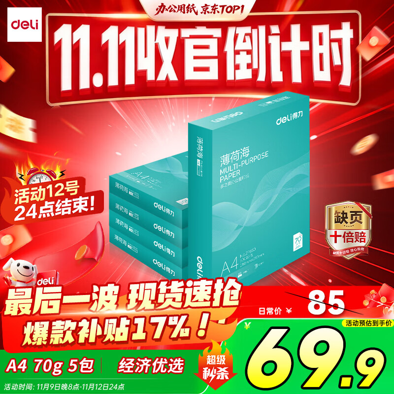 得力（deli）薄荷海A4打印纸 70g500张*5包一箱 双面复印纸 高性价比草稿纸 整箱2500张ZF662【人气新品】