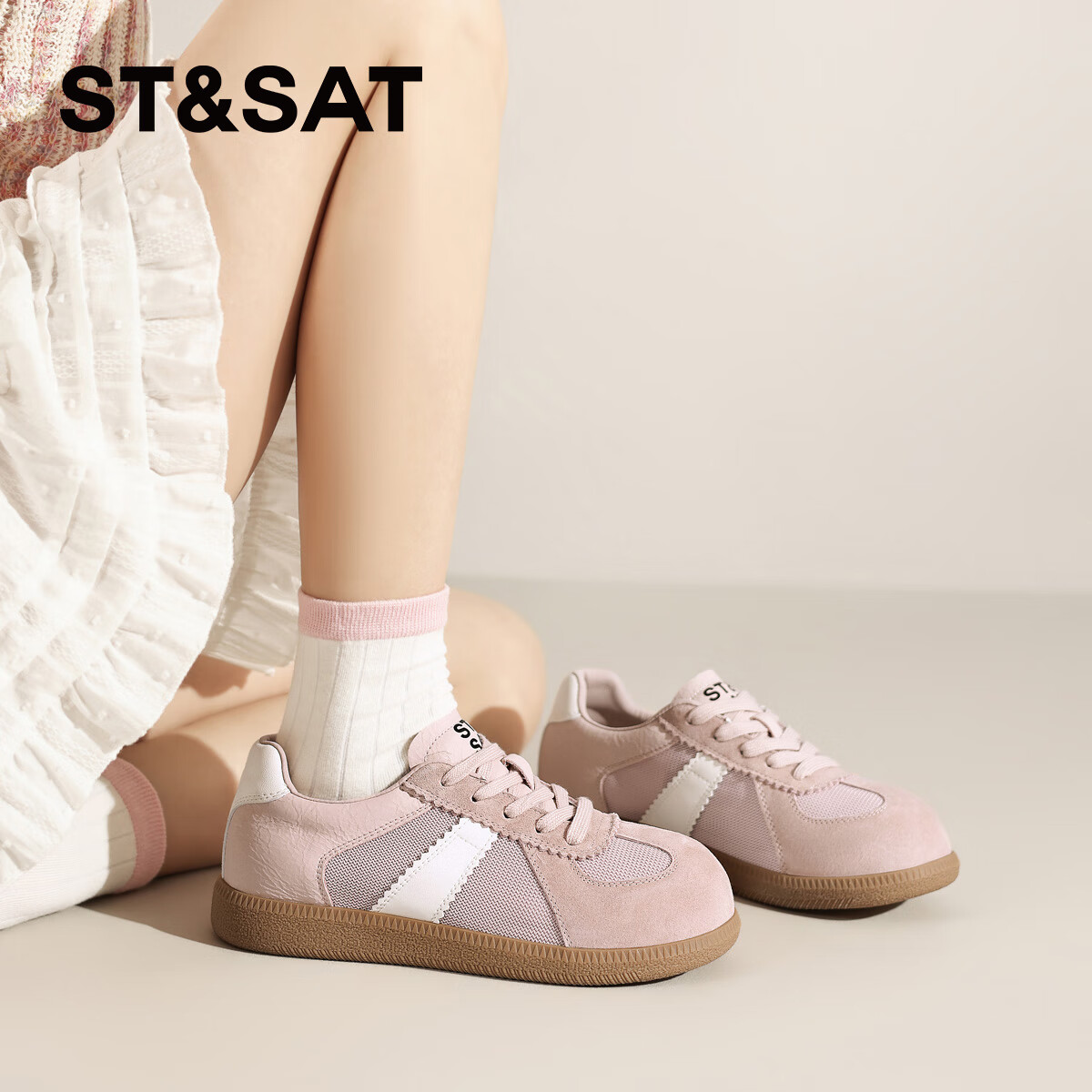 星期六(St&Sat)复古百搭时尚厚底德训鞋2025秋季新款运动跑步鞋休闲女鞋轻奢鞋子 粉红色 35