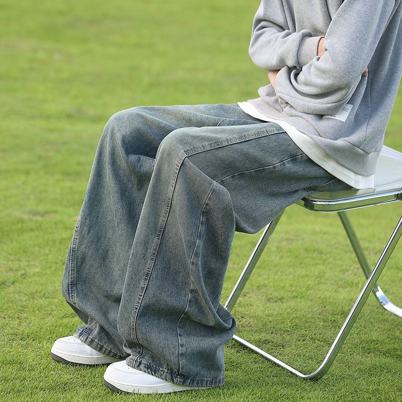 东馨鸟牛仔裤新款美式弯刀复古高街显瘦宽松休闲水洗阔腿直筒坠感长裤子 浅蓝色-弯刀/显瘦[品质甄选] 3XL160-175斤-详细问客服 均码