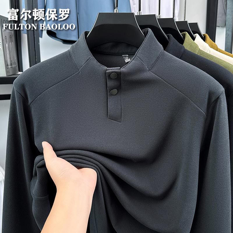 FULTON BAOLOO 富尔顿保罗男士德绒长袖t恤秋冬季保暖纯色打底衫中青年半高领百搭体恤衫潮 灰色 M （建议100到120斤穿）