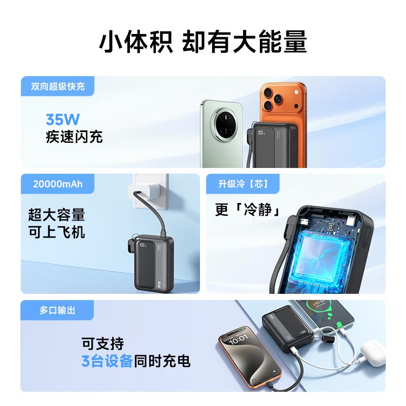 京选京东自有品牌3c认证可上飞机35W自带线充电宝黑20000毫安时移动电源适用户外苹果小米华为兼容30W