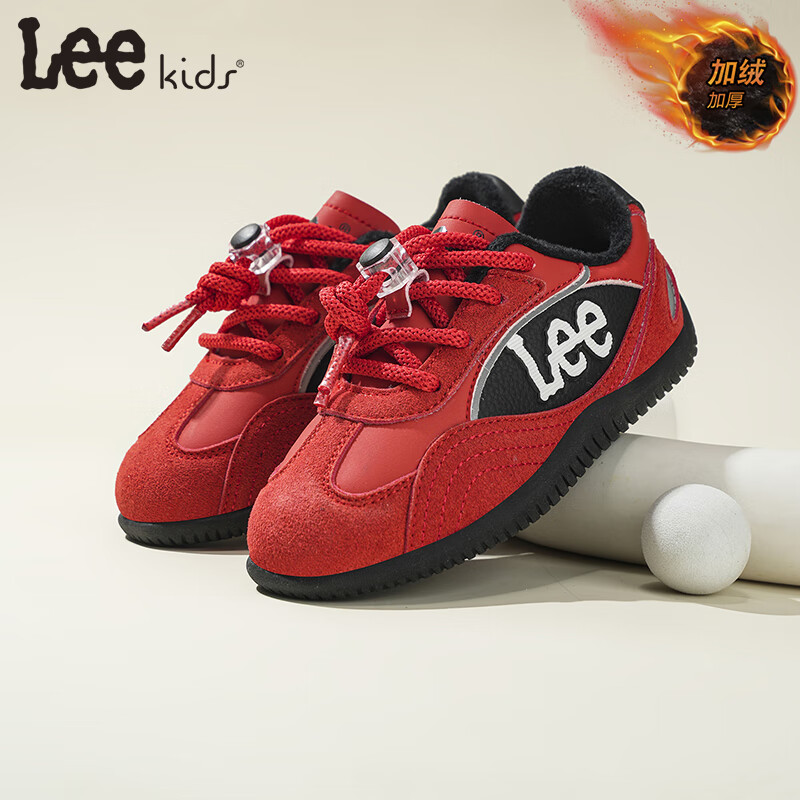 Lee童鞋冬季新款儿童跑步鞋学生休闲板鞋加绒运动鞋男女童 红色 36 【建议脚长221mm】