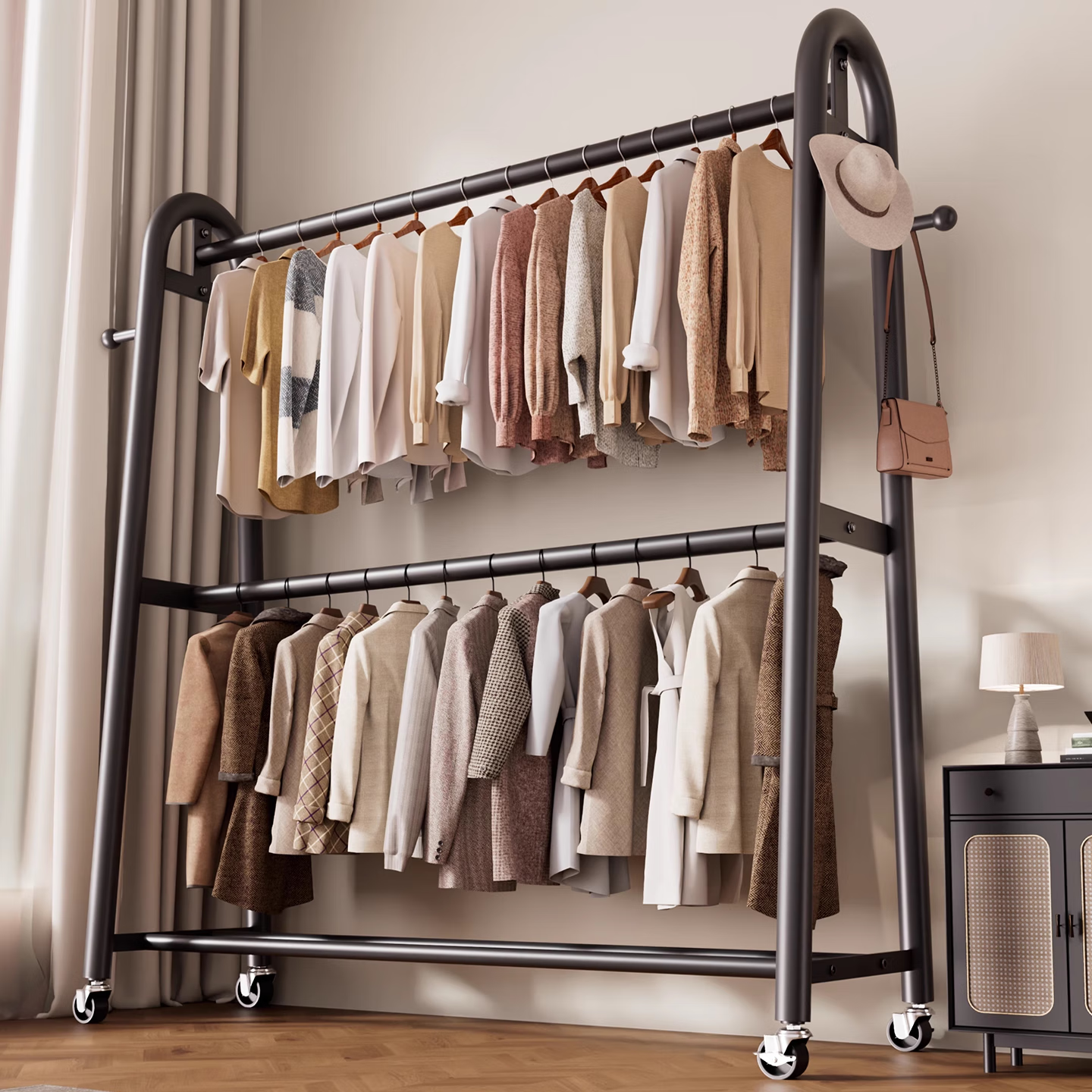 衣炫卧室双层落地衣帽架家用床边可移动挂衣架简易放衣服的神器晾衣架 高级黑-长60高180