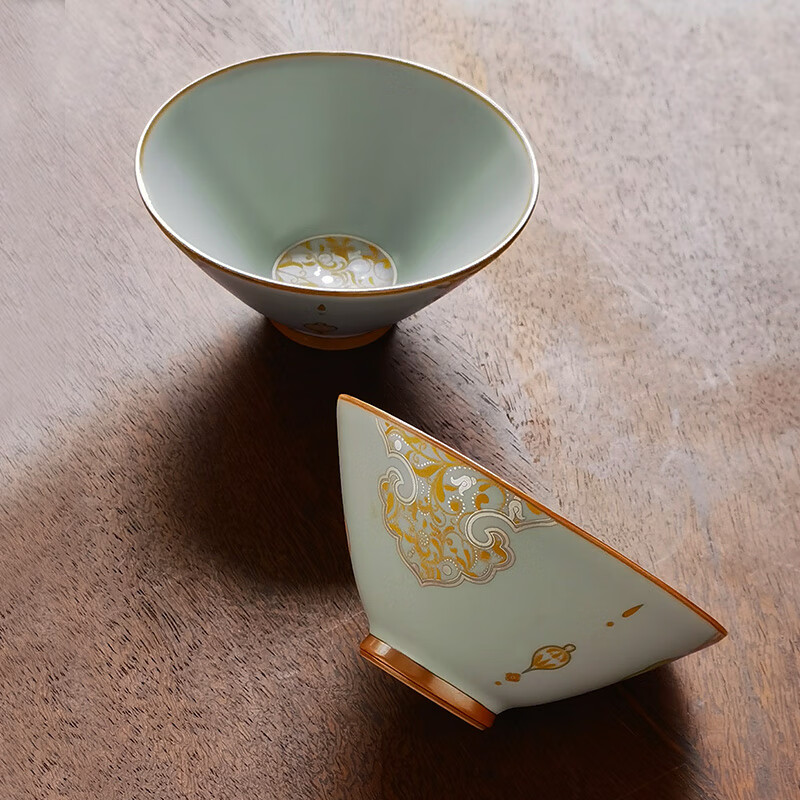 青禾窑天青色汝窑斗笠杯陶瓷茶杯开片可养办公室高档主人杯不烫手品茗杯 天青汝窑如意卷草纹(斗笠杯 单杯)