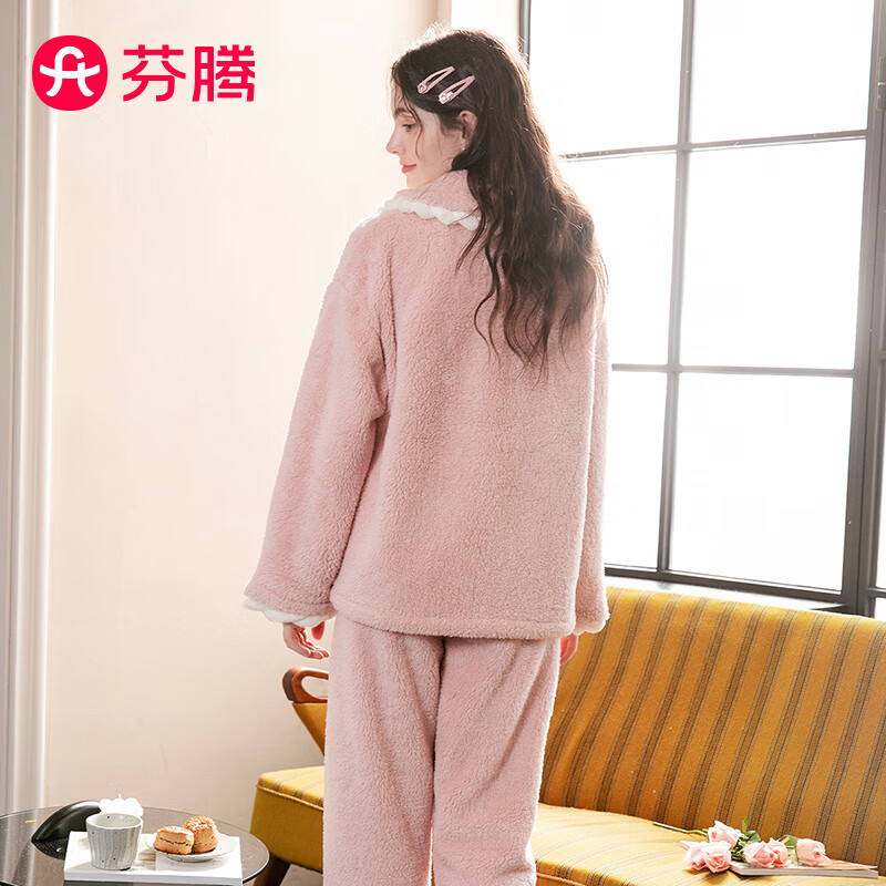 芬腾 睡衣男女冬季珊瑚绒长袖开衫休闲家居服套装圣诞 暖粉-女款2 XL