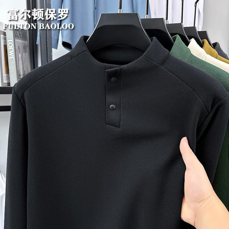 FULTON BAOLOO 富尔顿保罗男士德绒长袖t恤秋冬季保暖纯色打底衫中青年半高领百搭体恤衫潮 黑色 4XL （建议190到210斤穿）