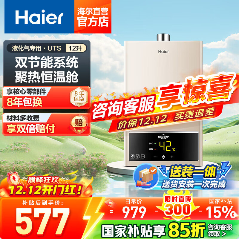 海尔（Haier）12升液化气热水器燃气变频智能恒温家用ECO节能40%小尺寸即热强排式水气双调低压启动大屏防冻UTS 12L 【UTS】液化气【一厨一卫】 12升