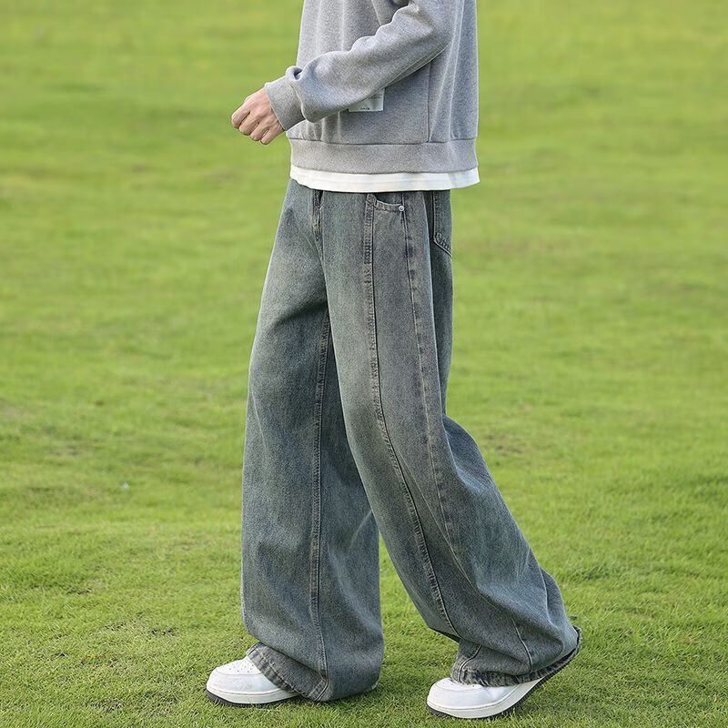 东馨鸟牛仔裤新款美式弯刀复古高街显瘦宽松休闲水洗阔腿直筒坠感长裤子 浅蓝色-弯刀/显瘦[品质甄选] 3XL160-175斤-详细问客服 均码