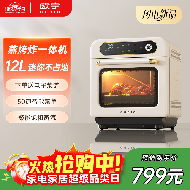 欧宁（OUNIN）小方块蒸烤箱 蒸烤炉家用台式电烤箱12L容量 多功能烤箱智能预约 蒸烤炸一体机