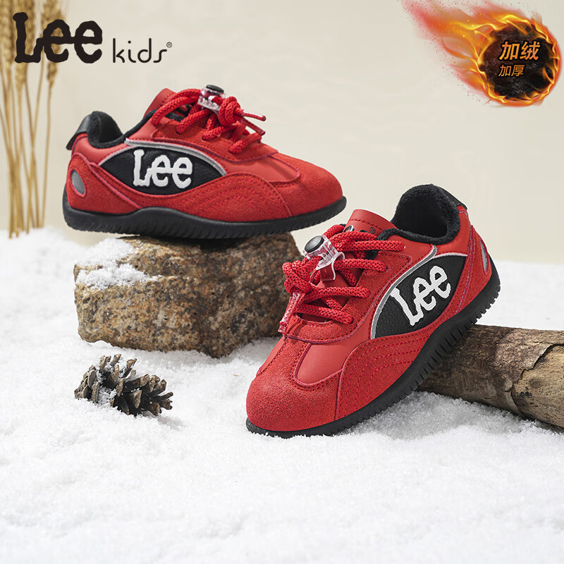Lee童鞋冬季新款儿童跑步鞋学生休闲板鞋加绒运动鞋男女童 红色 36 【建议脚长221mm】