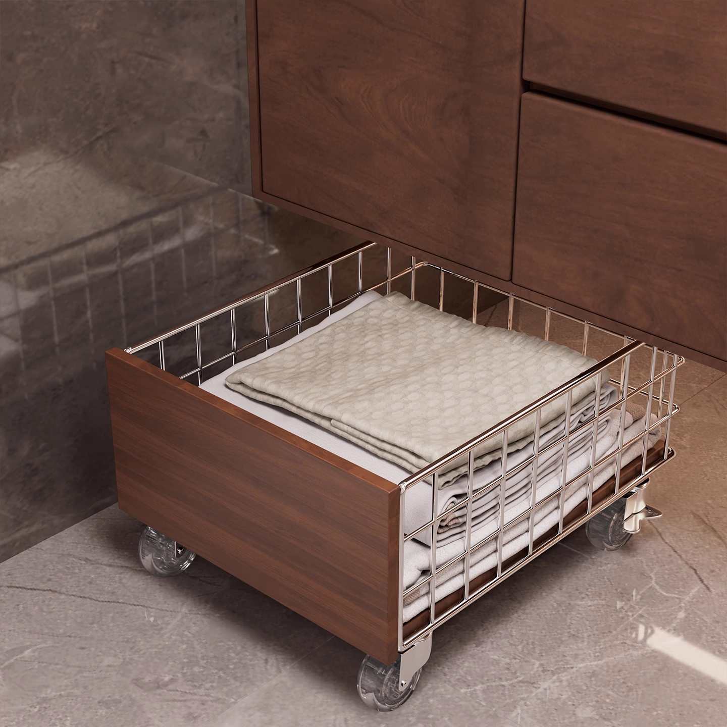 衣炫中古风浴室柜下脏衣篮可移动带轮脏衣篓脏衣服收纳筐小推车卫生间 中古桌下脏衣篮