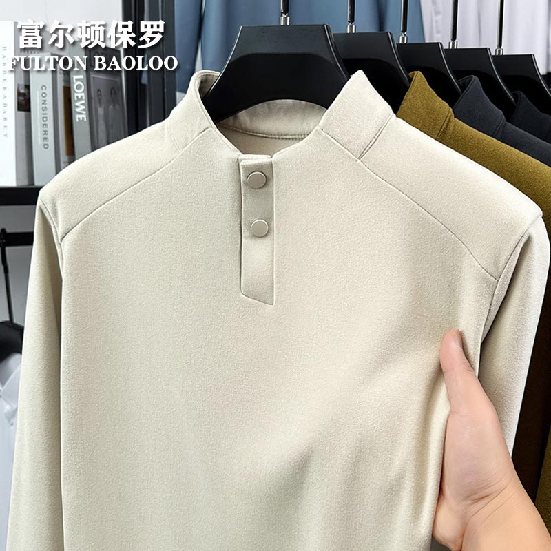 FULTON BAOLOO 富尔顿保罗男士德绒长袖t恤秋冬季保暖纯色打底衫中青年半高领百搭体恤衫潮 米色 L （建议120到140斤穿）