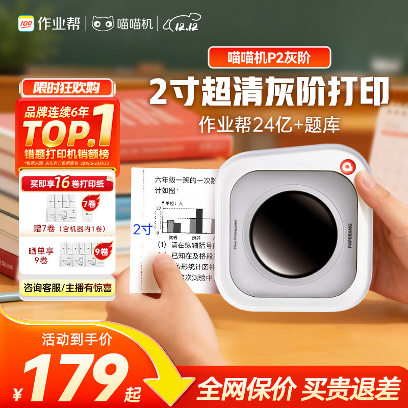 喵喵机家用错题打印机P2高清灰阶学生免抄2英寸错题整理神器小型口袋迷你错题打印机家用 灰阶款