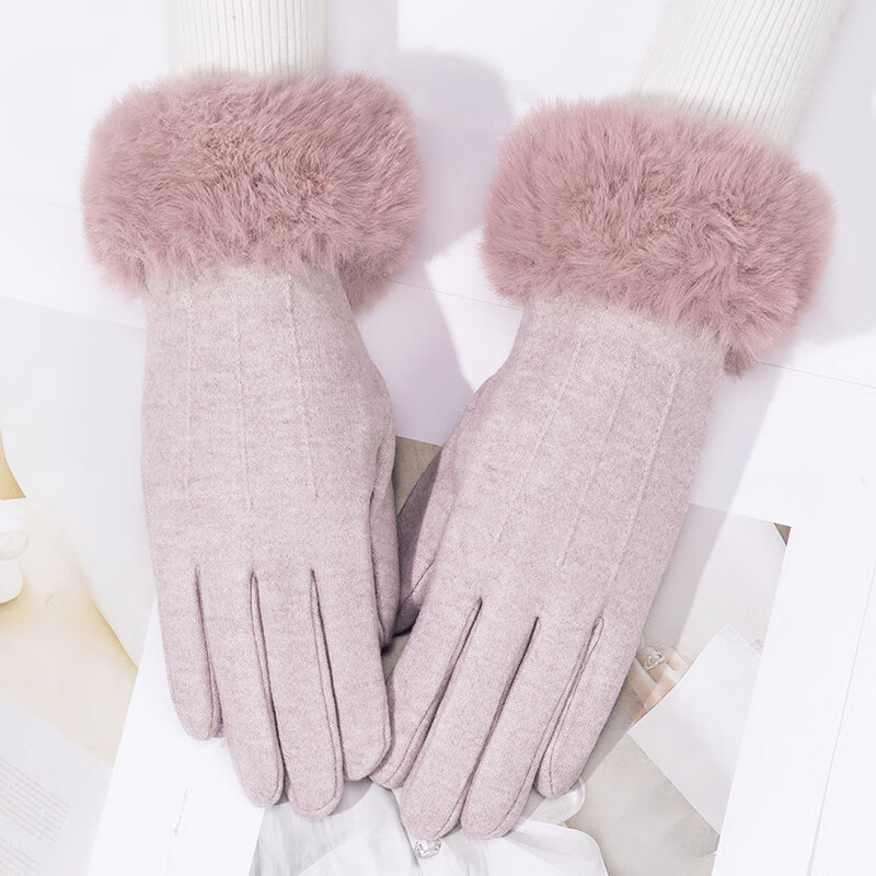 达芬奇密码保暖手套女士秋冬季加绒加厚百搭毛口韩版骑车防寒分指可触屏手套 粉紫