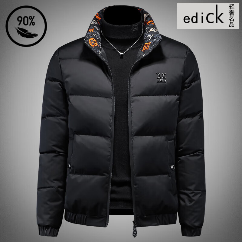 Edick意大利风品牌短款羽绒服男冬季外套新款加厚立领白鸭绒羽绒夹克服 黑色 M