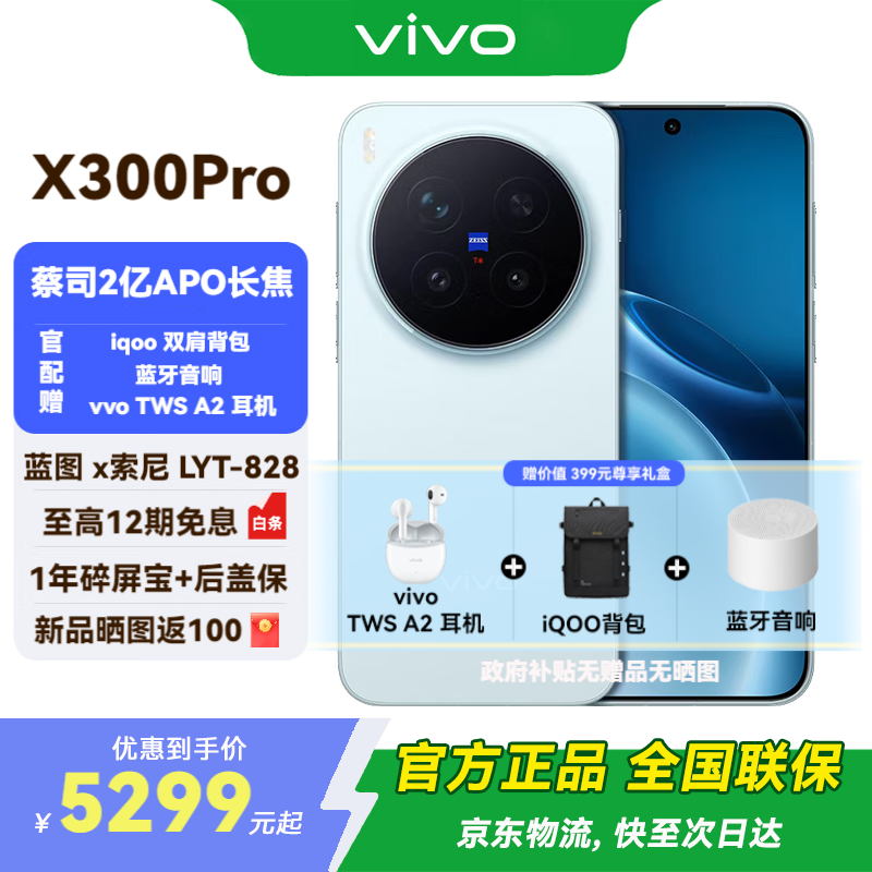 vivo X300 Pro 新品5G手机 国补专享 蔡司2 亿 APO 超级长焦AI 影像旗舰 12+256G  自在蓝 官方标配 全网通
