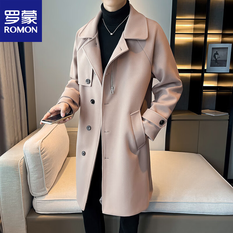 罗蒙（ROMON）毛呢大衣男士秋季韩系潮流中长款加厚冬装复古感呢子风衣外套 卡其色 XL