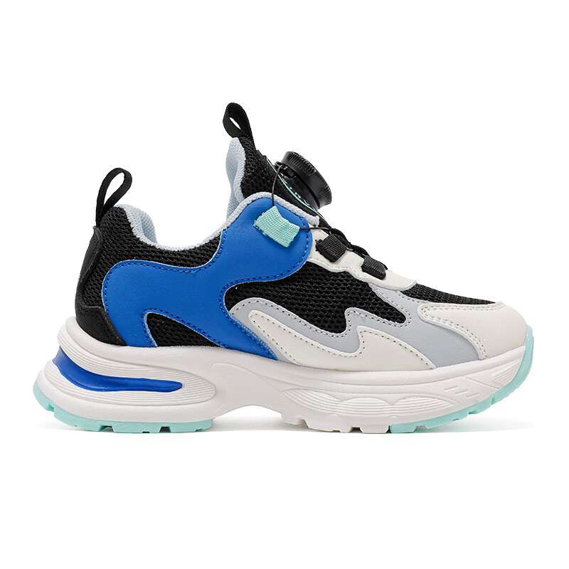 巴布豆童鞋男童秋季透气老爹鞋新款百搭休闲跑鞋旋转扣儿童运动鞋 黑/皇家蓝（单里） 35 适合脚长21.6cm