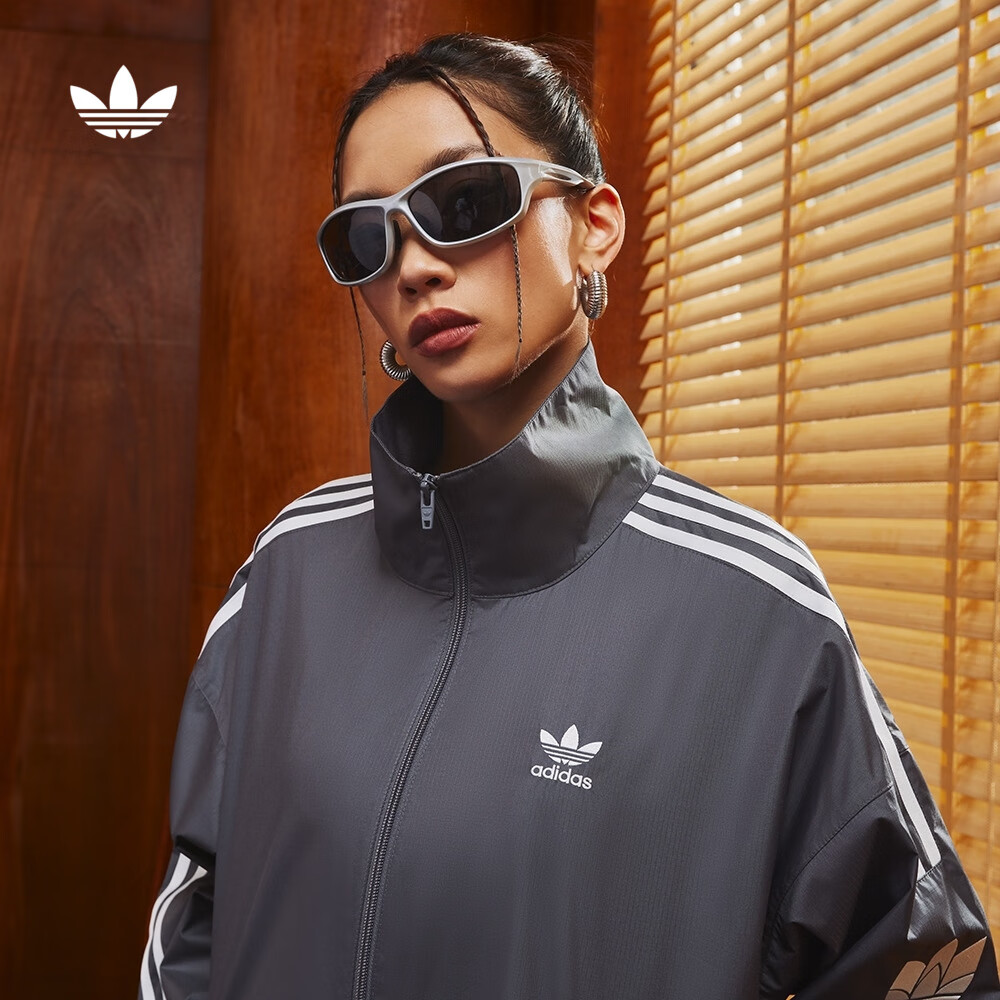 adidas情侣款复古风梭织立领夹克外套男女秋季阿迪达斯官方三叶草 深灰   L  