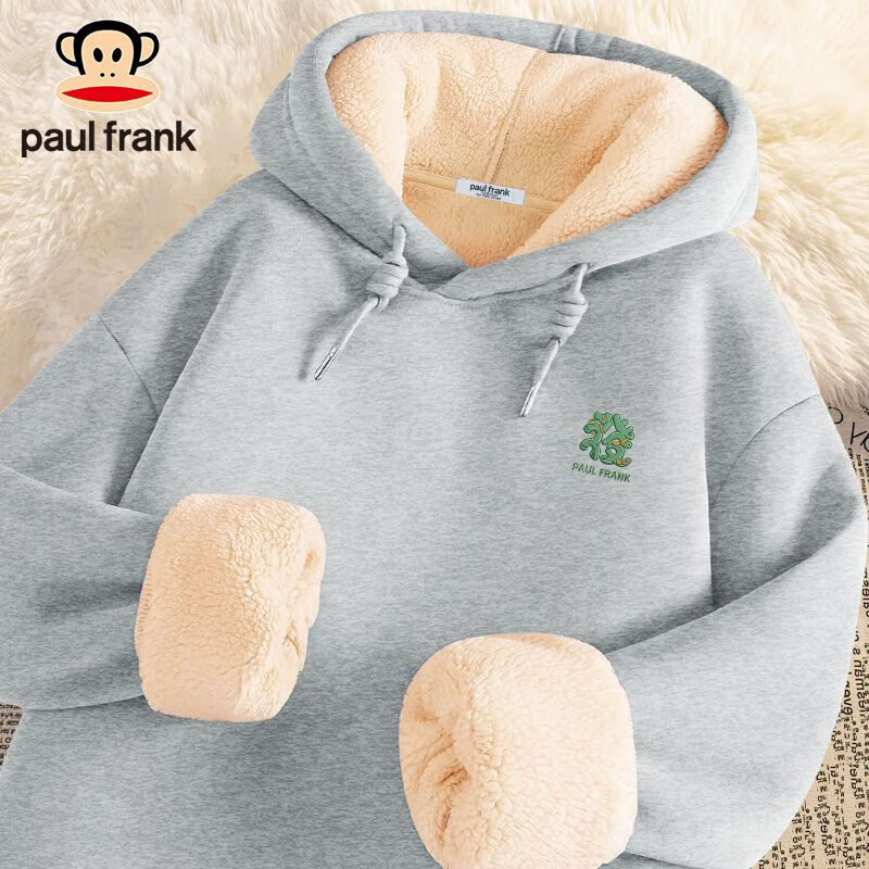大嘴猴（paul frank）PaulFrank/加厚羊羔绒卫衣女秋冬季新款小个子加绒连帽上衣 #麻灰#加绒加厚时尚潮流 S 【85-100斤】