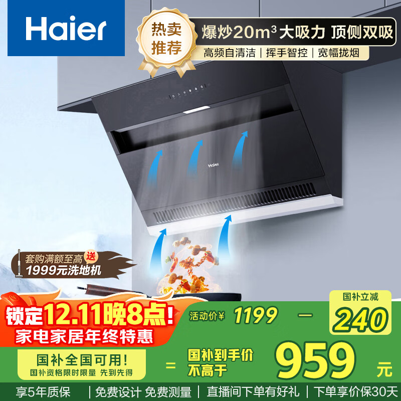 海尔（Haier）油烟机 抽吸排油烟机 顶侧双吸厨房侧吸式 20大吸力自清洁排烟机C6JS 国家补贴立减20%可配燃气灶
