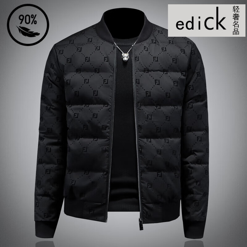 Edick意大利风品牌羽绒服外套男士短款高端潮流印花修身棒球领羽绒夹克 黑色 M